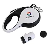 ILOMAX 360° Tangle-Free Retractable Dog Leash Built-in Waste Bag Dispenser Under Handle 2 Rolls Poop Bags Included Heavy Duty Tape Leash for Dogs up to 30kg Carry Pouch Included.16ft (White, L)