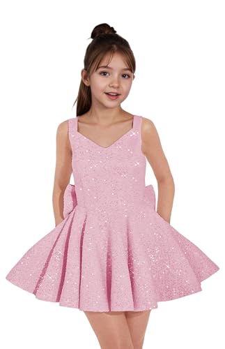 V Neck Sequin Homecoming Dresses for Teens Sparkle Cocktail Party Dress with Bow for Girls