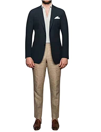 Pantalon Kaki en Lin et Veste Marine Style Séparés Haut de Gamme