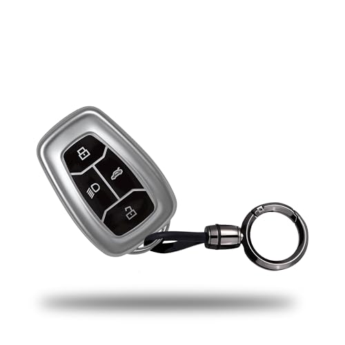 Image of SIAGO TPU Key Cover and Round Keychain Compatible for Tata Nexon | Harrier | Safari | Altroz | Tigor | EV | Punch | Tiago EV Electric 4 Button Smart Key (Grey)