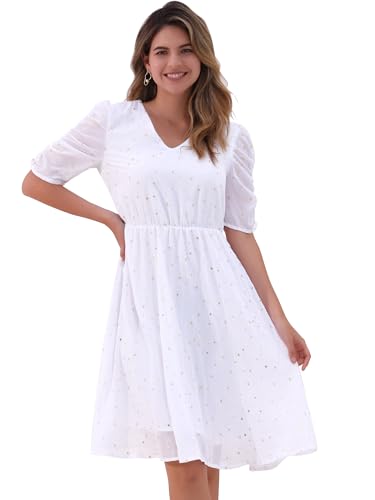 Image of Allegra K Chiffon Dress for Women's Metallic Stars Ruched Sleeve V Neck A-line Dress