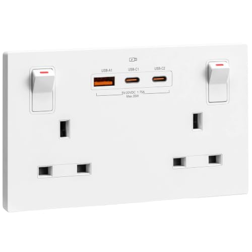 SURAIELEC Double Plug Socket with USB C 2 Gang 13A Switched Wall Socket 35W PD Fast Charge (2 USB-C + 1 USB-A) Child Safe White Fits 25mm Back Box