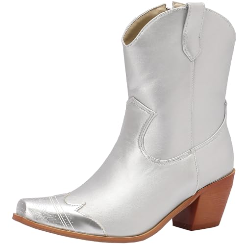 XIEPP Botines estilo western con cremallera para mujer, plata, 44 EU