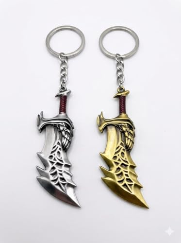 Image of BLUE WARRIOR God of war keychain (Combo) - Fantasy Winged Dagger Keychain - Antique Gold Mini Sword Key Ring with Red Handle - Metal Collectible Key Holder for Men, Women, Gamers & Gift Giving
