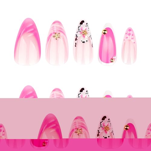 Image of Flower Press on Nails Pink French Tip Fake Nails Medium Almond Glue on Nails with Ocean Shell Design Glossy False Nail Artificial Acrylic Full Cover Summer Stick on Nail for Women Manicure 24Pcs
