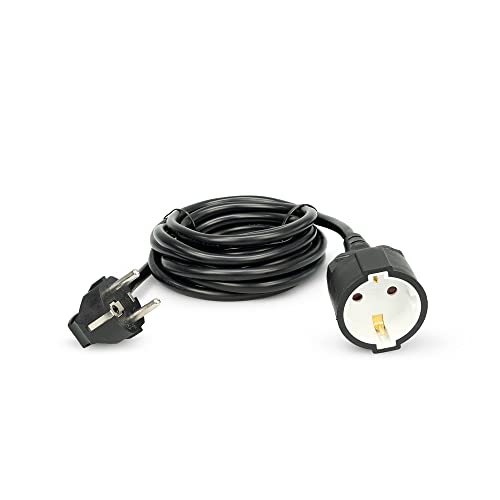 Garza - Cable alargador de corriente doméstico de 5 metros, negro, con toma de tierra hasta 16 Amperios (3680W)