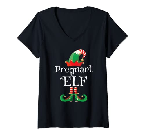 Donna Pregnant Elf Mom Women Pregnancy Matching Christmas Pjs Maglietta con Collo a V