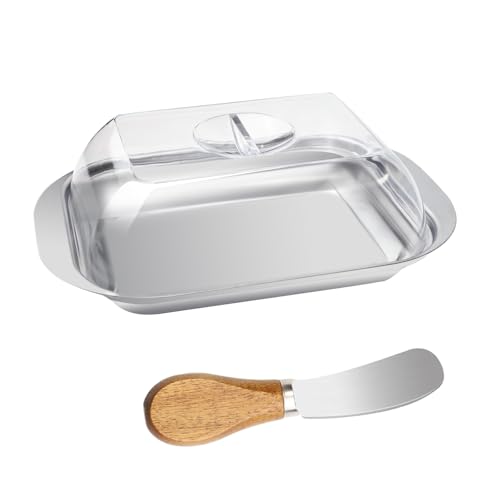 TAIHOBO Mantequillera, Mantequera de Acero Inoxidable, Butter Dish 17,8×11,5×4cm con Tapa de Plástico Transparente y Cuchillo Mantequilla, para Guardar Mantequilla Queso Postres