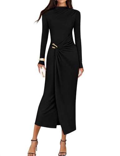 ZESICA Women's 2025 Fall Long Sleeve Bodycon Dress Mock Neck Wedding Guest Cocktail Party Long Midi Dresses,Black,Medium