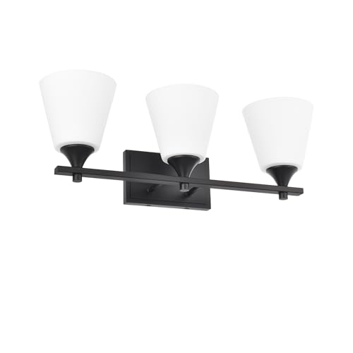 Image of Black Bathroom Vanity Light Fixtures, 3 Lights Traditional Vanity Lighting Fixture with Opal Glass Shade, Porch Wall Mount Light Fixture for Bathroom, Mirror Cabinets Hallway Stairs, Matte Black