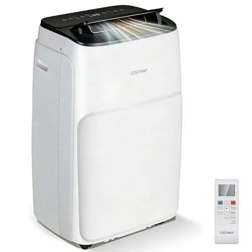 COSTWAY 5 in 1 Portable Air Conditioner, 12000BTU/1400BTU Mobile Heater, Cooler, Dehumidifier, Fan with Sleep Mode, 3 Speeds, LED Display, Remote Control, 24H Timer & Window Kit (14000BTU)