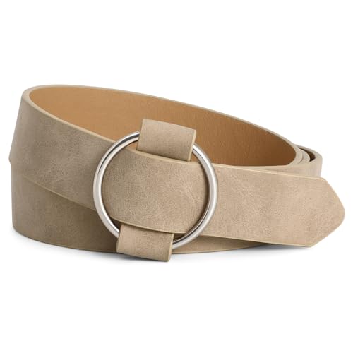 XZQTIVE Ledergürtel Damen Mit Kreis Schnalle - No Pin & Hole Verstellbar für Jeans - Wildleder, Khaki, Fit Taille Größe Unter 120cm