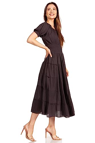 Image of Sakkas Cotton Crepe Smocked Peasant Gypsy Boho Renaissance Mid Length Dress