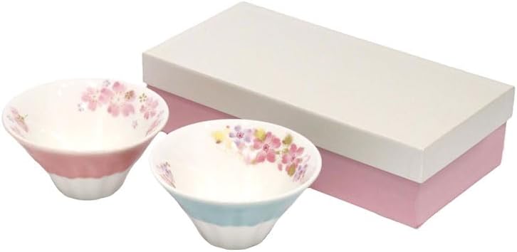 Mino ware Mt. Fuji Ceramic Bowl Set 2-Piece Blue & Pink Cherry Blossom Design | Made in Japan | Porcelain Rice & Dessert Bowls Gift Set