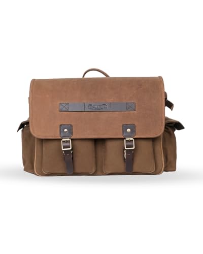 Trip Machine Company Expedition Saddlebag – 25L 16 oz Heavy-Duty Canvas & Leather Touring Luggage Bags With Saddle Stays & Raincover (Right Side, Brown & Tobacco, Triumph Bonneville (2016-Now))