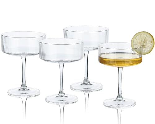 Soopiiso Martini Glasses set of 4, 10 oz Ribbed Coupe Glasses Champagne Coupe Glasses Set for Wine?Margarita Glass