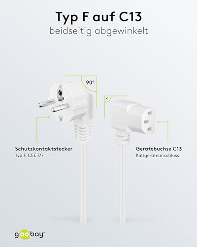 Goobay 95430 Elettrodomestici Freddi, Cavo Di Collegamento Angolato Su Entrambi I Lati, Spina Di Sicurezza (Tipo F, Cee 7/7) Alla Presa C13 (Collegamento Apparecchio Freddo), Bianco, 3 M - 3