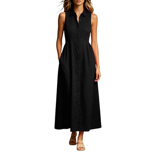 Vestido atemporal sin mangas cuello camisa botones para mujer moda casual diaria