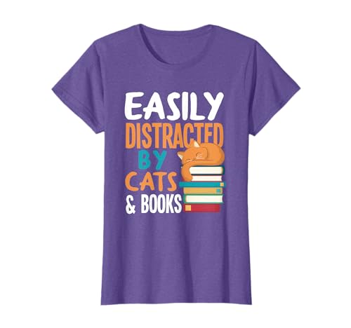 Womens Easily Distracted By Cats & Books Cat & Book Lover T-Shirt