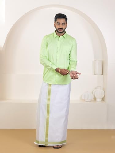 Image of RAMRAJ COTTON Men Premium Cotton Full Sleeves Shirt and Fancy Border Dhoti Set Luxe Set