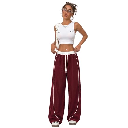 Image of Women's Baggy Loose Fit Wide Leg Track Pants | Elastic Waist Drawstring Casual Lounge Trousers with Side Stripe and Pockets