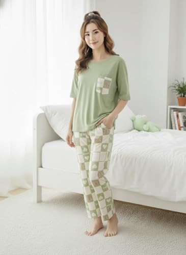 Image of SHIENZY Women Korean Style Night Suit | Round Neck Short Sleeve Cute Printed Cotton Pajama Set for Girls & Women | Soft Nightwear, Loungewear, Sleepwear for Women | Full Pyjama Set | Co-ord Set