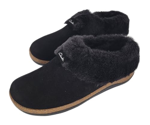 Clarks Womens Slipper Suede Leather Plain Toe - Plush Faux Fur Collar/Lined With A Cork Midsole - Open Back Indoor Outdoor House Slippers For Women (Black US 92