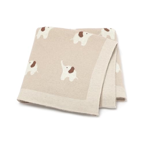 Image of Hadetoto 100% Cotton Baby Blanket Knit Soft Cozy Swaddle Receiving Blankets Toddler Infant Blanket with Lovely Elephant for Newborn Boy Girls - Camel, 90 x 70cm