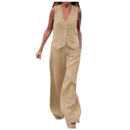 Conjunto informal de algodón de 2 piezas para mujer, chaleco sin mangas, camisa recta, pierna ancha, pantalones de lino de dos piezas, elegante chándal, ropa informal para mujer, traje de (Khaki, XL)
