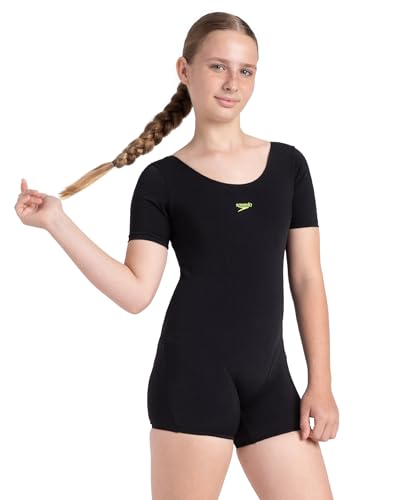 Image of Speedo Girl's Endurance+ Sleeved Essential U-Back Legsuit - Black & Hyper Yellow