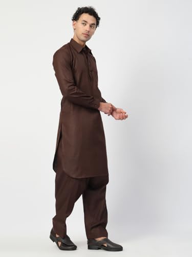 Image of Men's Traditional Pathani Kurta Salwar Set, Red, Long Sleeve, Collared Neck, Cotton Blend, Ethnic Wear
