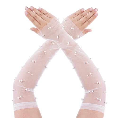 Nydotd Long Lace Gloves Wedding Tulle Gloves with Pearl Bridal Arm Sleeves Fingerless Opera Gloves for Women Halloween Costume (White, Medium)