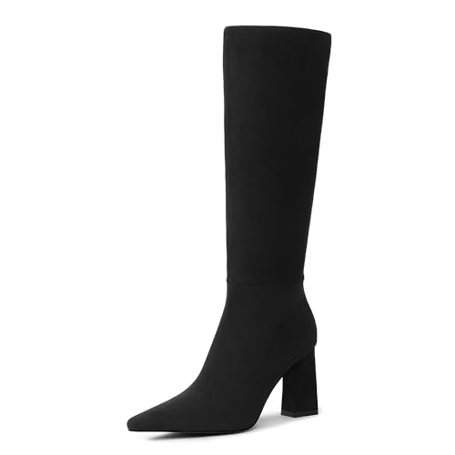 Meolee Knee High Boots for Women Chunky High Heel Long Boots Pointed Toe Leather Boots with Side Zipper2