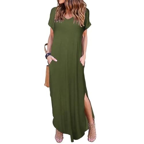 HUSKARY Women's Summer Maxi Dress Casual Loose Pockets Long Dress Short Sleeve Split Maxi Dresses XX-Large Army Green 01