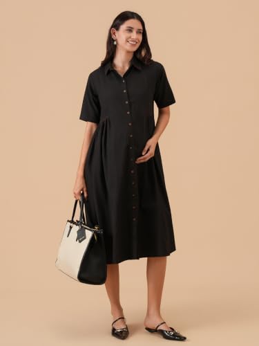 Image of The Mom Store Maternity & Nursing Midi Dress for Women | Pregnancy & Postpartum Wear | Cotton Flex Dress for New Mom | Trendy Stylish Comfortable Feeding Dress for Womens | Causal Office Formal Wear
