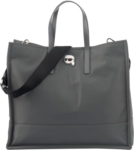 KARL LAGERFELD K Iconic 2.0 Tote Bag, Grey Leather, Detachable Shoulder Strap