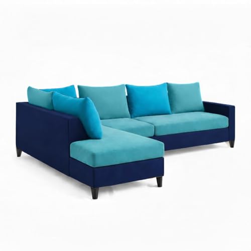 Image of FURNY Glory 6 Seater LHS Fabric Sofa Set (Dark Blue-Aqua Blue-Sky Blue) with Velvet Finish | Durable Comfort | Ideal for Living Room | Breathable material