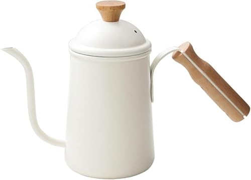 KryZaro 650ML オフホワイトコーヒードリップポット 細口ドリップケトル 木製持ち手付き 直火・ステンレス製 蓋付き 1~2 人用 家庭・アウトドアキャンプ用品