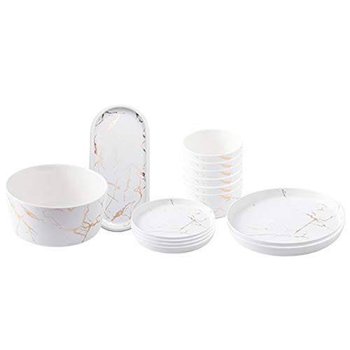 LQH -14-Piece Dinnerware Set, Plates and Bowls Sets, Marble Dinner Set Porcelain Plates Set Kitchen Dinner Set Microwave Oven Safe, Service for 6,White
