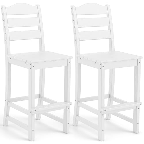 Image of Tangkula Patio HDPE Barstool, Outdoor High Top Bar Chair w /Backrest & Footrest, All-Weather Wood-Plastic Bar Height Chair for Poolside, Backyard, Porch (2, White)