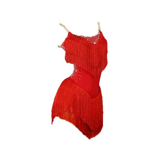 OWEIEYEU Latein-Tanz-Fransen-Kleid für Damen, Wettkampf, Abschlussball, Kostüm, Ballsaal, Übung, figurbetonter Bühnenrock, Rotes Kleid, L