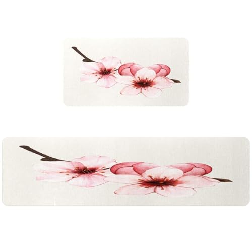 Pack de 2 alfombrillas de cocina con diseño de flores de cerezo, lavables y antideslizantes 2