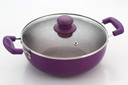 Image of Nirlon Regal Purple Induction Base Non Stick Aluminium Deep Kadhai with Glass Lid, 240mm, 3 LTR (Color - Purple)