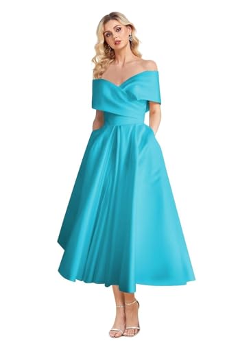 Image of Women's Off Shoulder Wedding Dress for Bride Tea Length A Line Satin Formal Prom Dresses with Pockets