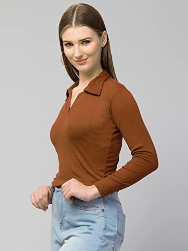 Image of Ribbed Polo Collar Full Sleeves Tops for Women