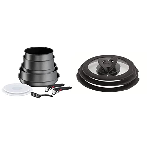 Tefal Ingenio Daily Chef ON Pots & Pans Set, 10 Pieces, Stackable, Removable Handle, Space Saving, Non-Stick, Grey, L7619302 & Ingenio L9931012 3 Piece Glass lids, 16-cm, 18-cm, 20-cm , Black
