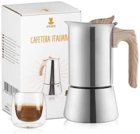 Cafetera italiana de moka. Para 4 tazas de café expreso (200 ml). Acero inoxidable apto para inducción, vitrocerámica, eléctrico y gas. Cocina profesional (4 Tazas)0