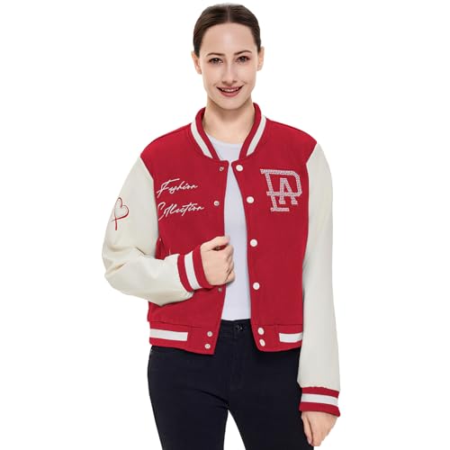 feitycom Veste universitaire en cuir synthétique pour femme, coupe ajustée, décontractée, légère, Rouge, S