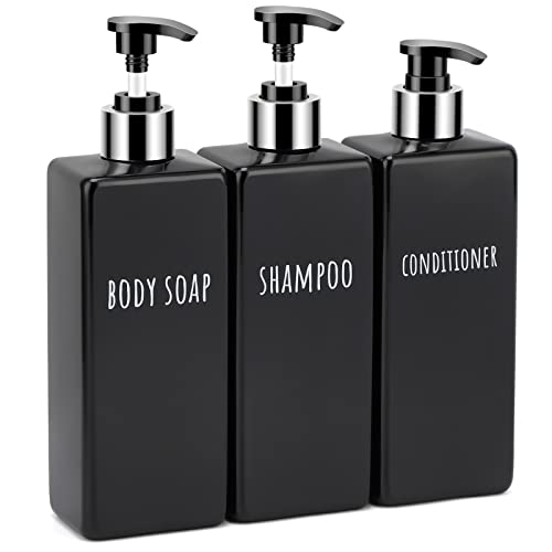 Image of Segbeauty Shower Soap Dispenser Black, 3pcs 16.9oz Empty Refillable Bathroom Press Pump Bottles, 500ml Reusable Plastic Square Shampoo Conditioner Body Soap Dispenser Set for Modern Kitchen Home Decor