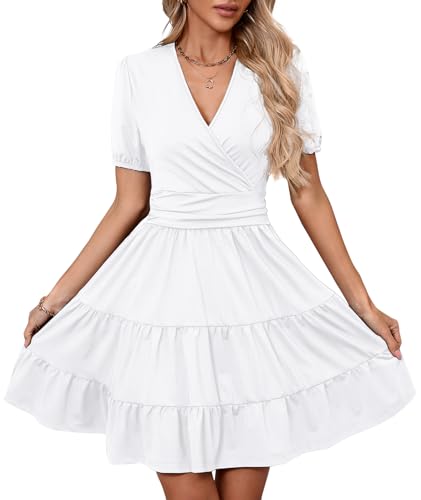 Image of Women's Casual Summer Dress V Neck Short Sleeve Flowy Stretchy Comfort Fit for Daily Wear Work Midi Dresses